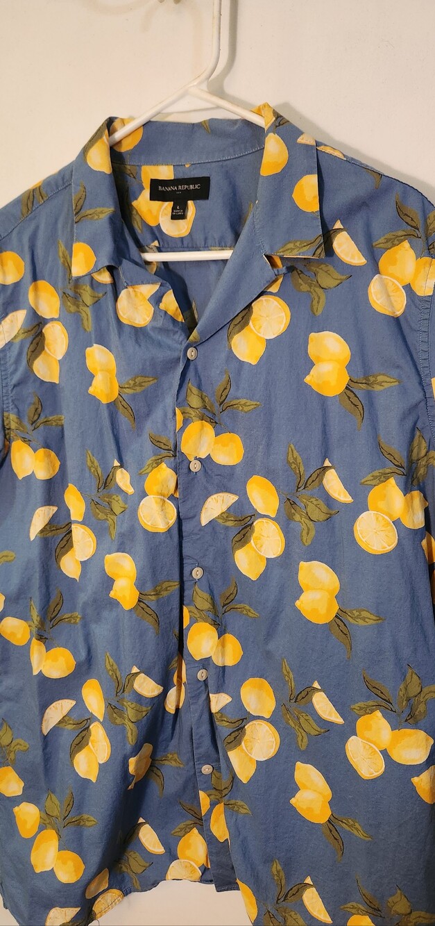 Banana Republic Blue Short-Sleeve Button-Down with Yellow Lemon Print